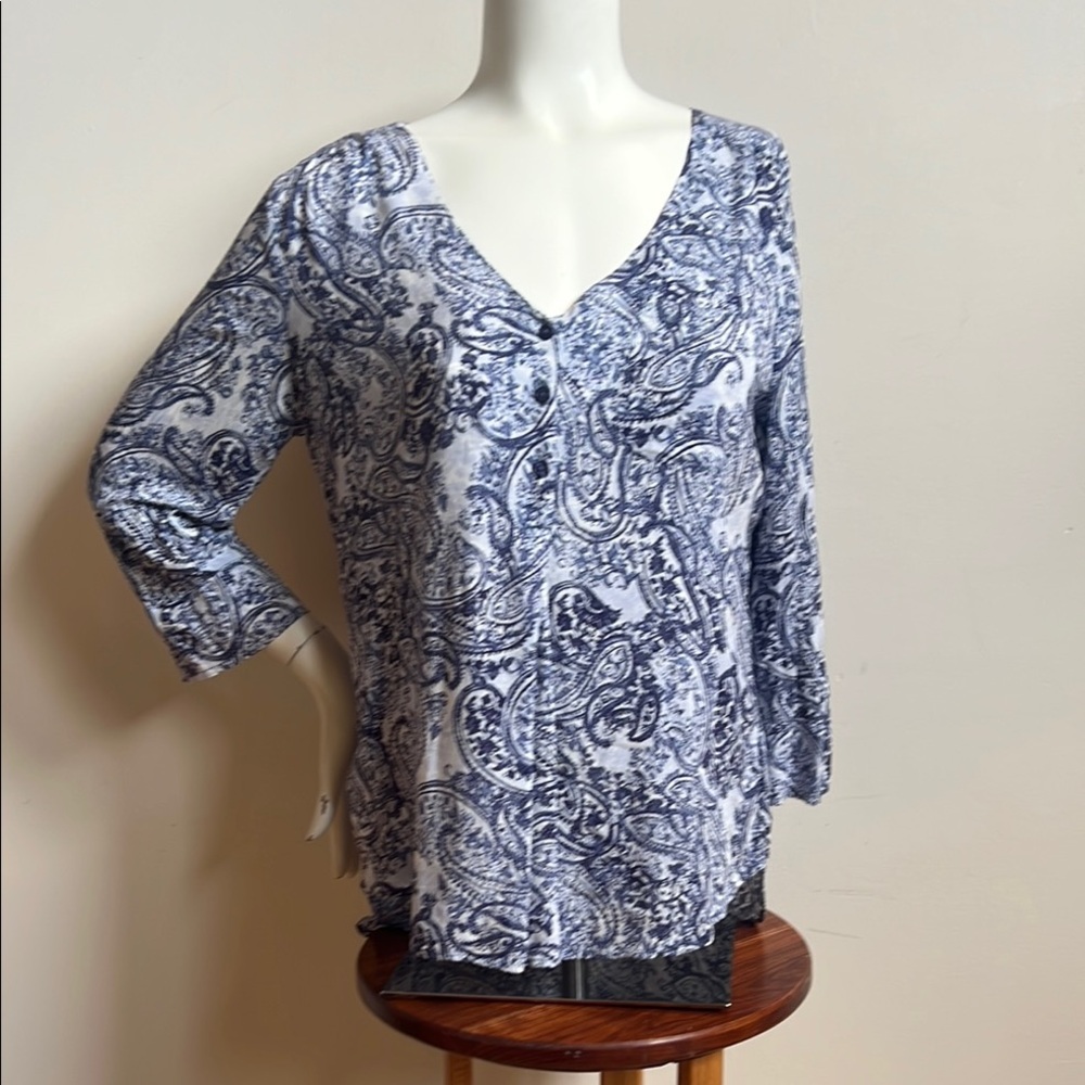 Fred David Blue and White 3/4 Sleeve Relaxed Blouse